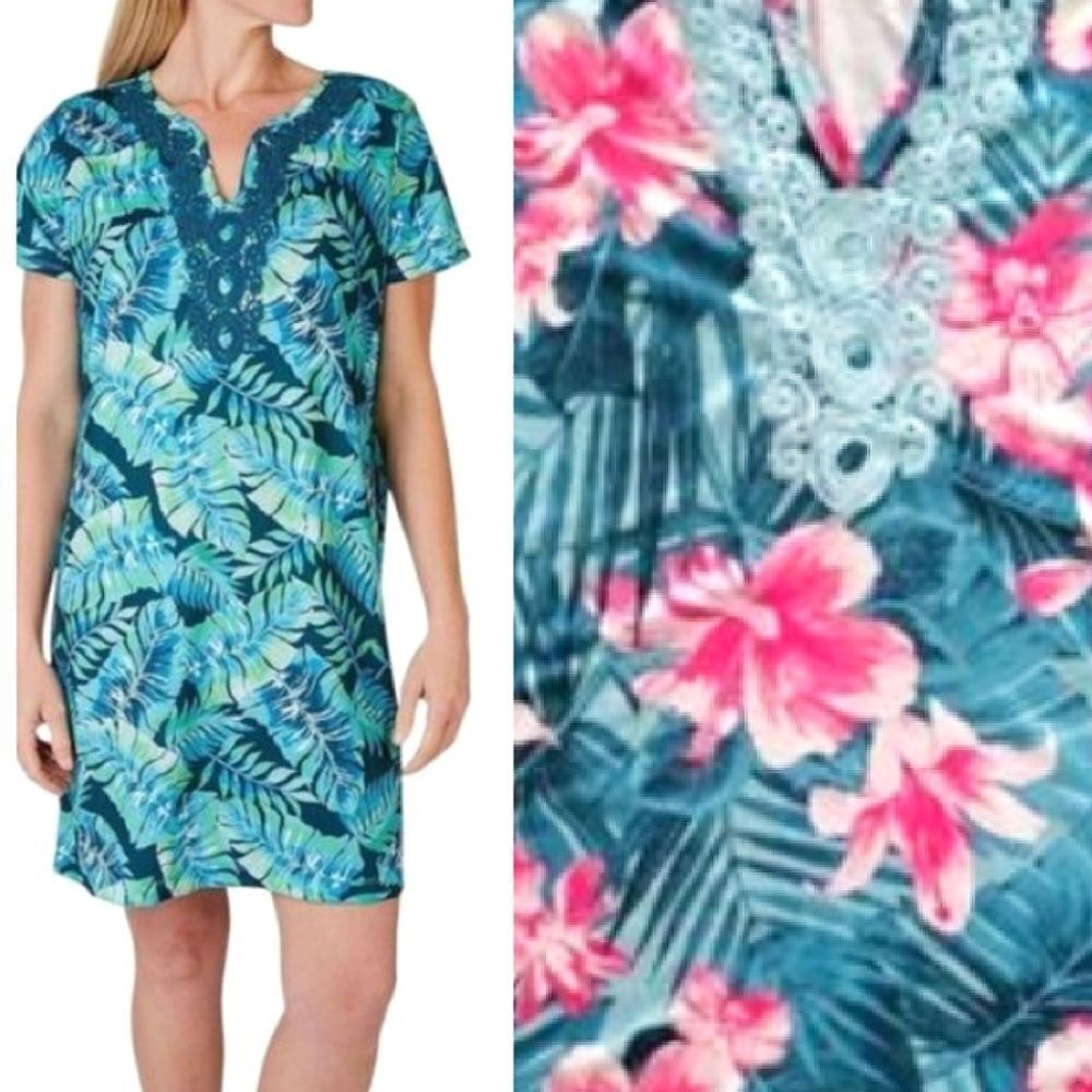 Caribbean Joe Teal Tropical Embroidered Short Sleeve‎ Mini Dress Medium